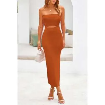 PRETTYGARDEN Women's Casual Summer Midi Dress Hollow Out Rib Knit Tube Bodycon Beach Dresses (Solid Rust Red,Large)