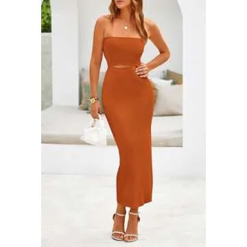 PRETTYGARDEN Women's Casual Summer Midi Dress Hollow Out Rib Knit Tube Bodycon Beach Dresses (Solid Rust Red,Large)