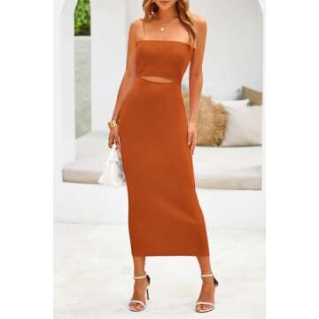 PRETTYGARDEN Women's Casual Summer Midi Dress Hollow Out Rib Knit Tube Bodycon Beach Dresses (Solid Rust Red,Large)
