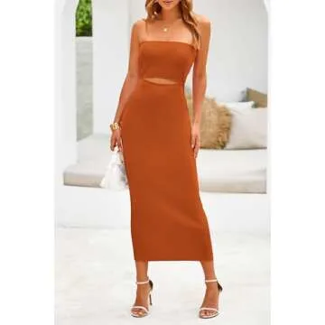 PRETTYGARDEN Women's Casual Summer Midi Dress Hollow Out Rib Knit Tube Bodycon Beach Dresses (Solid Rust Red,Large)