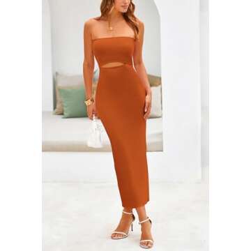 PRETTYGARDEN Women's Casual Summer Midi Dress Hollow Out Rib Knit Tube Bodycon Beach Dresses (Solid Rust Red,Large)