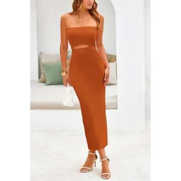 PRETTYGARDEN Women's Casual Summer Midi Dress Hollow Out Rib Knit Tube Bodycon Beach Dresses (Solid Rust Red,Large)