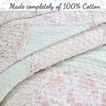 Cozy Line Home Fashions Pastel Floral Rose Garden 3-Piece Soft Pink Peach Green Ruffle Patchwork Cotton Reversible King Quilt Bedding Set