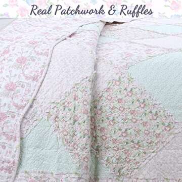 Cozy Line Home Fashions Pastel Floral Rose Garden 3-Piece Soft Pink Peach Green Ruffle Patchwork Cotton Reversible King Quilt Bedding Set