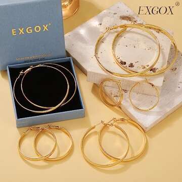 EXGOX 5mm Wide Gold Hoop Earrings for Women,Sterling Silver Hoop Earrings Large Silver Hoop Earrings Hypoallergenic Lightweight 14K Real Gold Plated Big Hoop Earrings for Women