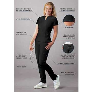 Adar Uniforms Addition Go-Higher Scrub Set for Women - Notched V-Neck Scrub Top & Skinny Cargo Scrub Pants - A9600 - Black - L