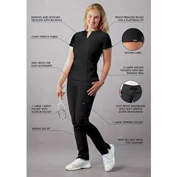 Adar Uniforms Addition Go-Higher Scrub Set for Women - Notched V-Neck Scrub Top & Skinny Cargo Scrub Pants - A9600 - Black - L