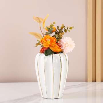 YUSHUIHOME Round Ceramic Vase White Gold Decorative Porcelain Bottle Rustic Style Flower Arrangement Vase Wedding Decoration Table Centerpiece (Round Small)