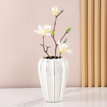 YUSHUIHOME Round Ceramic Vase White Gold Decorative Porcelain Bottle Rustic Style Flower Arrangement Vase Wedding Decoration Table Centerpiece (Round Small)