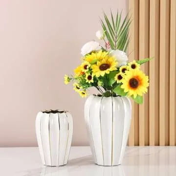 YUSHUIHOME Round Ceramic Vase White Gold Decorative Porcelain Bottle Rustic Style Flower Arrangement Vase Wedding Decoration Table Centerpiece (Round Small)
