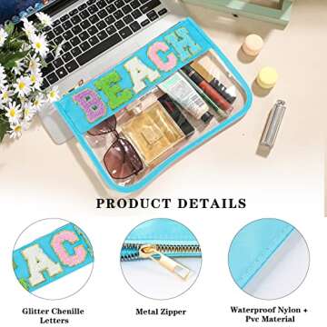 DYSHAYEN Glitter Letter Clear Zipper Pouch for Travel,Nylon Clear Cosmetic Stuff Bag,Makeup Travel Bag for Women Girls (Blue-Beach)