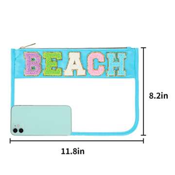 DYSHAYEN Glitter Letter Clear Zipper Pouch for Travel,Nylon Clear Cosmetic Stuff Bag,Makeup Travel Bag for Women Girls (Blue-Beach)