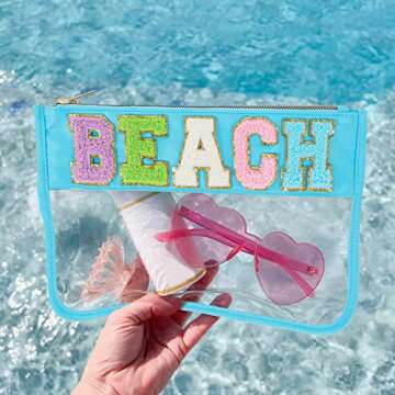 DYSHAYEN Glitter Letter Clear Zipper Pouch for Travel,Nylon Clear Cosmetic Stuff Bag,Makeup Travel Bag for Women Girls (Blue-Beach)