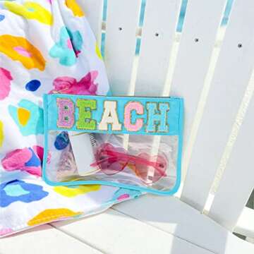 DYSHAYEN Glitter Letter Clear Zipper Pouch for Travel,Nylon Clear Cosmetic Stuff Bag,Makeup Travel Bag for Women Girls (Blue-Beach)