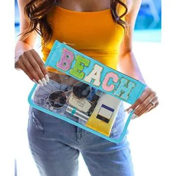 DYSHAYEN Glitter Letter Clear Zipper Pouch for Travel,Nylon Clear Cosmetic Stuff Bag,Makeup Travel Bag for Women Girls (Blue-Beach)