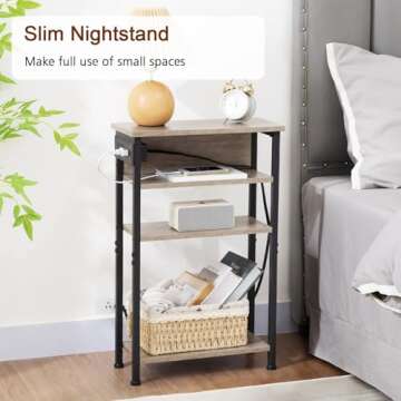 AMHANCIBLE Narrow Side Table with Charging Station, Set of 2, End Table for Small Spaces, Skinny Side Table with Storage Shelf, Slim End Table for Living Room HETN04GY