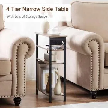 AMHANCIBLE Narrow Side Table with Charging Station, Set of 2, End Table for Small Spaces, Skinny Side Table with Storage Shelf, Slim End Table for Living Room HETN04GY