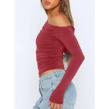 Darong Women's Casual Basic Going Out Crop Tops Slim Fit Long Sleeve Off Shoulder Tight T Shirts 9026 Brick Red Large