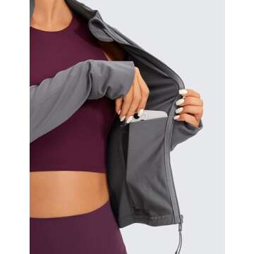 CRZ YOGA Butterluxe Womens Cropped Slim Fit Workout Jacket Weightless Track Athletic Full Zip Up Tops with Thumb Holes Dark Carbon Large
