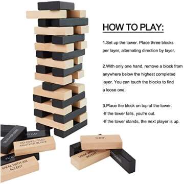 Toyssa Stacking Games 54 PCS Stacking Blocks with 36 Different Rules and Games for Adults Night Party Game