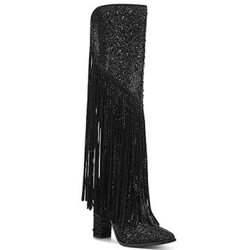 Glamorous Ouepiano Fringe Rhinestone Cowboy Boots for Women