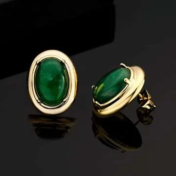 Elegant Gold Plated Green Oval Stud Earrings for Women