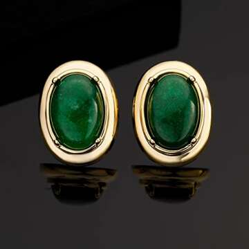 18K Yellow Gold Plated Green Oval Cut Cubic Zirconia Large Green Stud Earrings Ear Jewelry for Women
