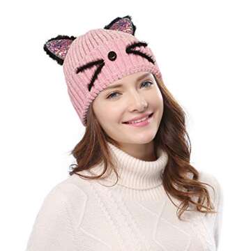 Bellady Mother Children Sequin Cat Ears Hats Warm Knit Crochet Beanies Cute Fashion Skull Cap, Adult...