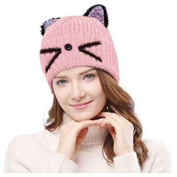 Bellady Mother Children Sequin Cat Ears Hats Warm Knit Crochet Beanies Cute Fashion Skull Cap, Adult_Pink