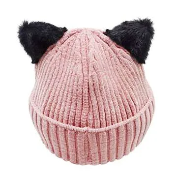 Bellady Mother Children Sequin Cat Ears Hats Warm Knit Crochet Beanies Cute Fashion Skull Cap, Adult_Pink