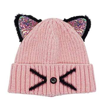 Bellady Mother Children Sequin Cat Ears Hats Warm Knit Crochet Beanies Cute Fashion Skull Cap, Adult_Pink