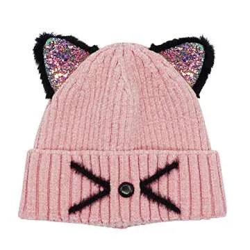 Bellady Mother Children Sequin Cat Ears Hats Warm Knit Crochet Beanies Cute Fashion Skull Cap, Adult_Pink