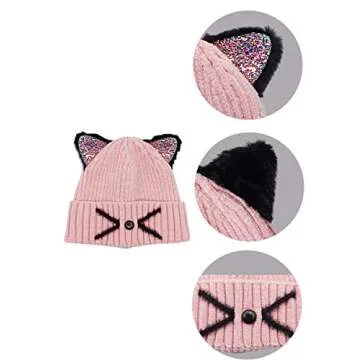 Bellady Mother Children Sequin Cat Ears Hats Warm Knit Crochet Beanies Cute Fashion Skull Cap, Adult_Pink