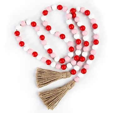 BlueMake Valentine's Day Wood Bead Garland with Tassel,Rustic Wooden Bead Decor Farmhouse Beads Big ...