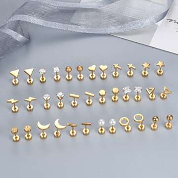 18 Pairs Surgical Stainless Steel Stud Earrings For Women Men 20G Cartilage Earrings Studs Cross Moon Star Small Stud Earrings Black Gold Screw Flat Back Earrings Ear Piercing Studs Set (Gold Tone)