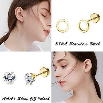 18 Pairs Surgical Stainless Steel Stud Earrings For Women Men 20G Cartilage Earrings Studs Cross Moon Star Small Stud Earrings Black Gold Screw Flat Back Earrings Ear Piercing Studs Set (Gold Tone)