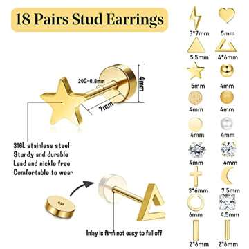 18 Pairs Surgical Stainless Steel Stud Earrings For Women Men 20G Cartilage Earrings Studs Cross Moon Star Small Stud Earrings Black Gold Screw Flat Back Earrings Ear Piercing Studs Set (Gold Tone)