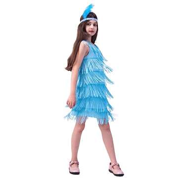 KalcyKizz Girls' Flapper Party Dress Kids 1920s Costume for Children (Blue, 4-6Y)