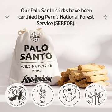 Luna Sundara Palo Santo Sticks from Peru Sustainably Wild Harvested Quality Hand Picked 100 Grams Authentic Smudge Sticks Includes a Reusable Drawstring Bag.