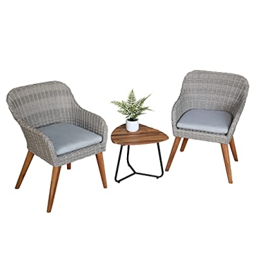 Soleil Jardin Outdoor 3-Piece Bistro Set with Seat Cushion, Two Chairs and Wood Top Side Table, Gray Wicker with Wood Leg