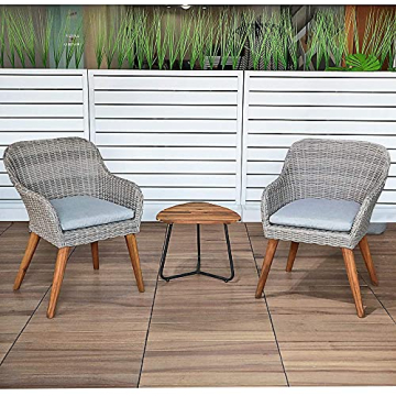Soleil Jardin Outdoor 3-Piece Bistro Set with Seat Cushion, Two Chairs and Wood Top Side Table, Gray Wicker with Wood Leg
