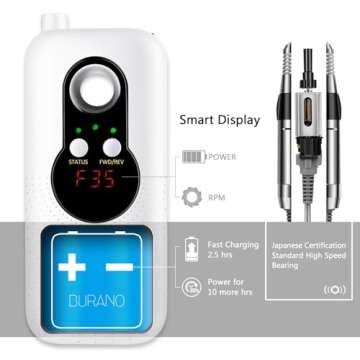 BURANO Rechargeable 35000RPM Electric Nail Drill, Portable E File for Acrylic Nails, 10 Hours Long Life Battery Nail Drill for Acrylic Nails , High Speed Cordless for Professional Use