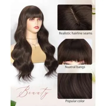 Stamped Glorious Brown Wig with Bangs for Women Long Wavy Curly Wigs Synthetic Hair Wig for Girls Party Daily Use