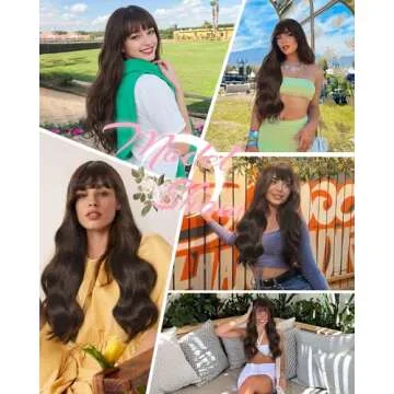 Stamped Glorious Brown Wig with Bangs for Women Long Wavy Curly Wigs Synthetic Hair Wig for Girls Party Daily Use