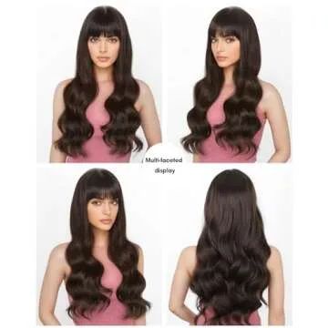 Stamped Glorious Brown Wig with Bangs for Women Long Wavy Curly Wigs Synthetic Hair Wig for Girls Party Daily Use