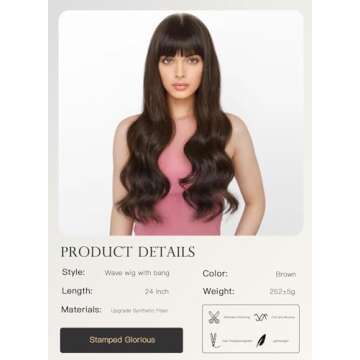 Stamped Glorious Brown Wig with Bangs for Women Long Wavy Curly Wigs Synthetic Hair Wig for Girls Party Daily Use