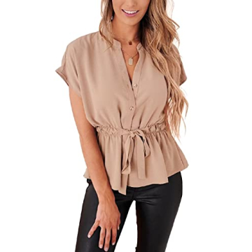 Stylish Womens Button Down Blouses Casual Peplum Summer Tops Dressy Chiffon Work Blouse Apricot