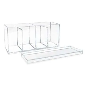 Isaac Jacobs 4-Compartment Clear Acrylic Organizer with Lid (9” L x 3” W x 4” H), Makeup Brush...