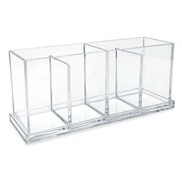 Isaac Jacobs 4-Compartment Clear Acrylic Organizer with Lid (9” L x 3” W x 4” H), Makeup Brush Holder, Sectional Tray, Storage Solution for Makeup, Crafts, Office Supplies & More (1, Clear)