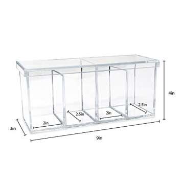 Isaac Jacobs 4-Compartment Clear Acrylic Organizer with Lid (9” L x 3” W x 4” H), Makeup Brush Holder, Sectional Tray, Storage Solution for Makeup, Crafts, Office Supplies & More (1, Clear)